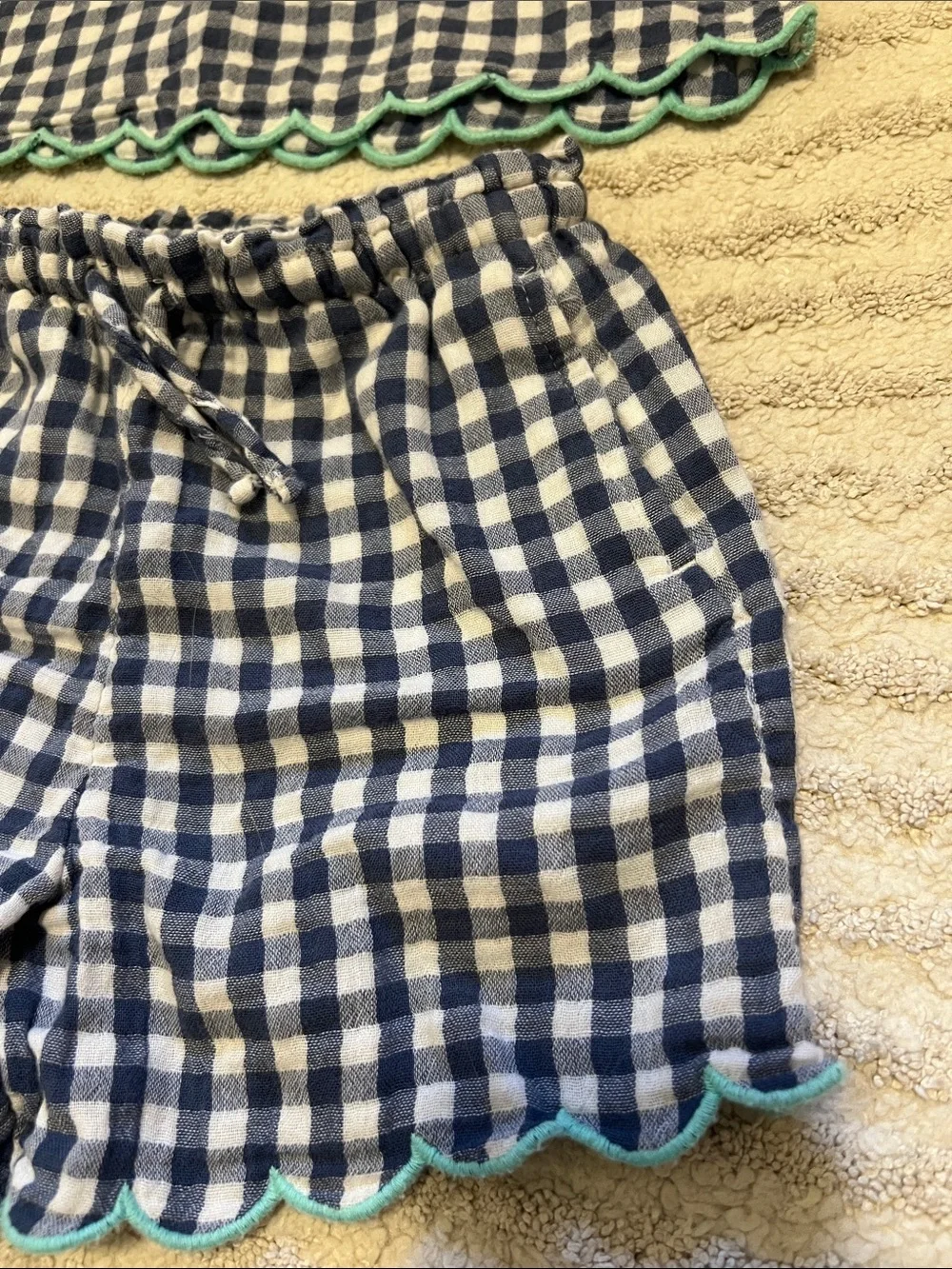 Old Navy Navy and White Gingham Girls Pajama Set with Teal Trim